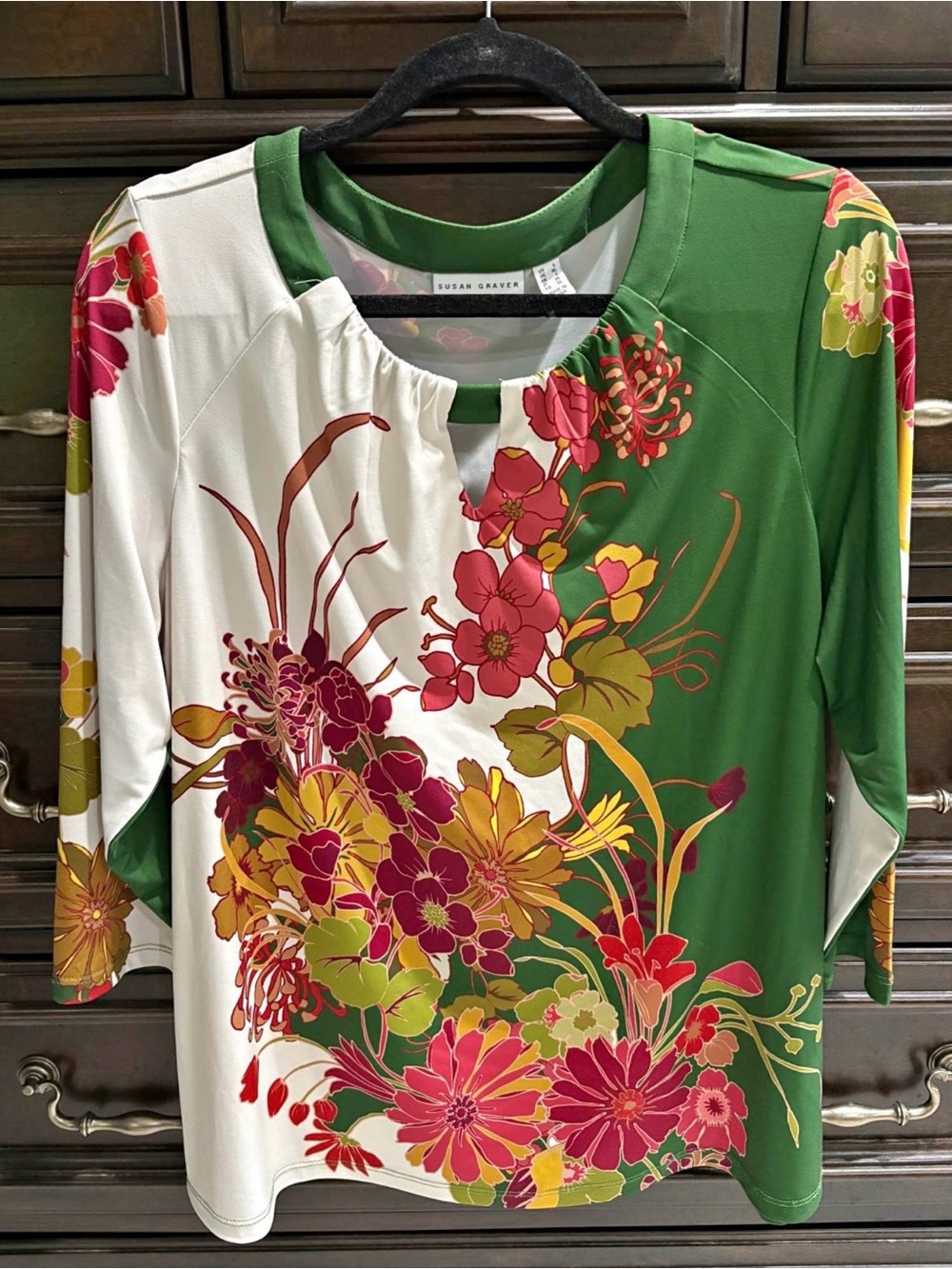 Susan Graver Green, White & Pink Floral Liquid Knit 3/4 Sleeve Top - Size L